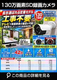 工事不要　防犯カメラ 屋外 録画機能付き BNC/RCA端子で映像確認　SDカード　 防犯カメラ　屋外　130万画素 赤外線　バレットカメラ 広角 SHDBF-SD130ADIR 