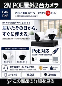 有名メーカー製 録画機付き 200万画素 PoE ワンケーブル赤外線カメラ2台セット NVRSET-IPF200DH-012