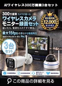 防犯カメラ 屋外 録画機能付き 防水 カメラ3台セット　ワイヤレス 300万画素 　10インチ液晶モニター付き バレット・ドーム・カメラが選べる　工事不要　防犯カメラセットALWSET-YG300-003