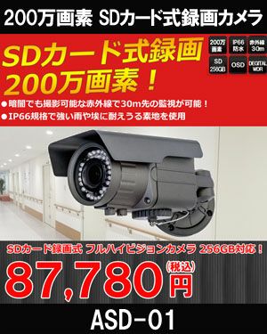 SDカード録画・高画質！200万画素 IP66 防水型 赤外線防犯カメラ ASD