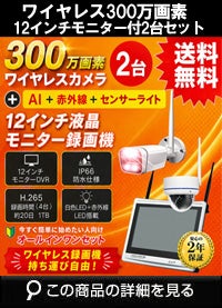 無線 ワイヤレス防犯カメラ 屋外 録画機能付き 防水 カメラ2台セット 300万画素 12インチ液晶モニター付き マイク付き カメラ音声 工事不要 防犯カメラセット ALWSET-KD300-002