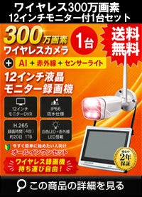 無線 ワイヤレス防犯カメラ 屋外 録画機能付き 防水 カメラ1台セット 300万画素 12インチ液晶モニター付き マイク付き カメラ音声 工事不要 防犯カメラセット ALWSET-KD300-001