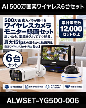 防犯カメラセット 無線・ワイヤレス 屋外防水 500万画素 カメラ6台・10インチモニター付き ALWSET-YG500-006