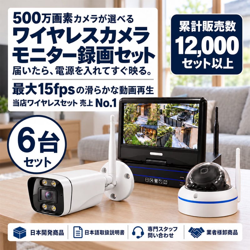 防犯カメラセット 無線・ワイヤレス 屋外防水 500万画素 カメラ6台・10インチモニター付き ALWSET-YG500-006