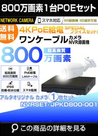 防犯カメラ 屋外 防水 AI人体検知 初心者用 コスパ抜群 ネットワークカメラ 1台セット 800万画素 POE LANケーブル マイク付き カメラ音声 スマホ対応 1TB 常時録画 パソコン遠隔監視対応 動体検知録画 防犯カメラセット LANケーブル20ｍ付き NVRSET-JPKD800-001