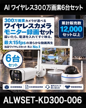 防犯カメラ 屋外 ワイヤレス（無線）300万画素 カメラ6台・12インチモニター録画機セット AI人体検知・音声対応 ALWSET-KD300-006