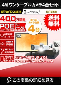 21.5インチモニター付き 400万画素 PoE ワンケーブル赤外線カメラ4台セット NVRSET-KD400MNT-004