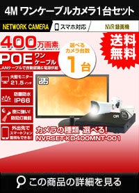 21.5インチモニター付き 400万画素 PoE ワンケーブル赤外線カメラ1台セット NVRSET-KD400MNT-001