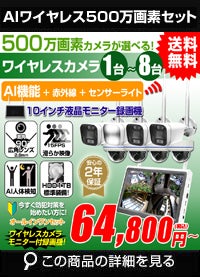 防犯カメラ 屋外 秋葉原 録画機能付き 防水 カメラ1～8台セット ワイヤレス 500万画素 マイク付き カメラ音声 10インチ液晶モニター付き 据え置き 壁掛け 人体検知 人感センサー ライト パソコン遠隔監視対応 バレット・ドーム・カメラが選べる 工事不要 防犯カメラセット ALWSET-500SMNT10-018 