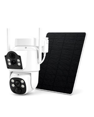 防犯カメラ ソーラーパネル付き デュアルレンズ搭載 固定 可動式レンズ 300万画素 充電 電池式 DVR連動 WiFi SDカード保存 屋外 屋内 スマホ遠隔監視 IP66防水防塵 夜間撮影 赤外線ライト 警告ライト 声で警告 動体検知 工事不要 サイレン マイク スピーカー搭載 スマホ監視 / ALT-SLWPT01