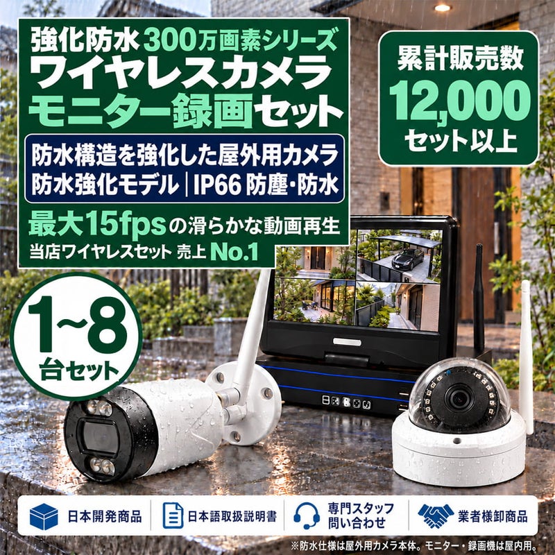 新型モデル防犯カメラ 屋外 秋葉原 録画機能付き 防水 カメラ1～8台セット ワイヤレス 300万画素 マイク付き カメラ音声 10インチ液晶モニター付き 人体検知 人感センサー ライト パソコン遠隔監視対応 バレット・ドーム・カメラが選べる 工事不要 防犯カメラセットALWSET-NWYG300-018